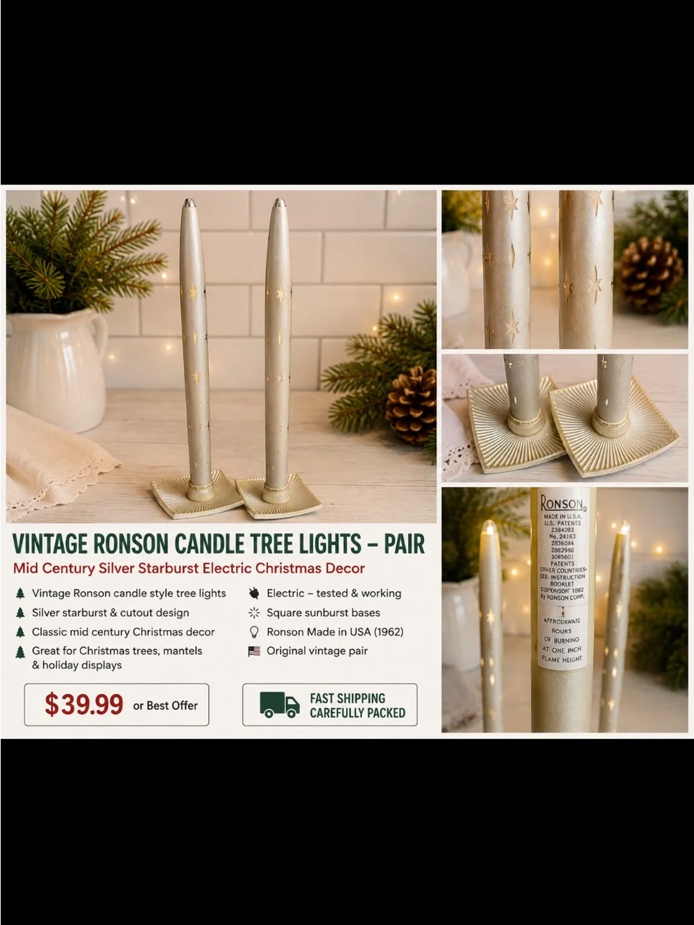 Vintage Silver Starburst Candle Tree Lights - Pair